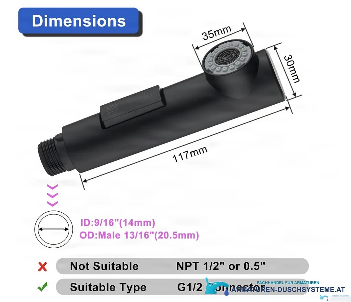 Spezifikationen des schwarzen Brausekopfs EYN BG1708: 117 mm Länge und G1/2-Anschluss