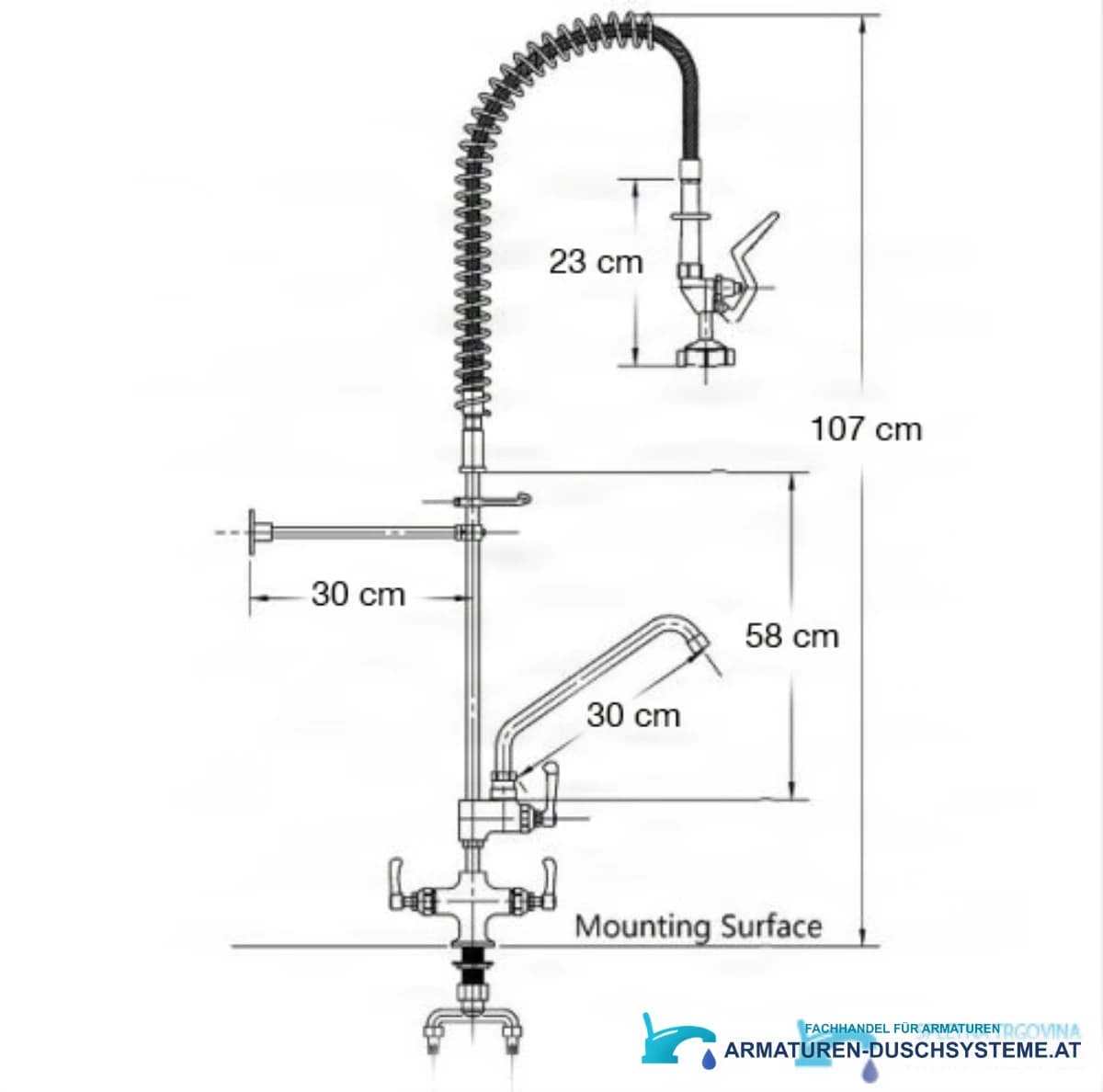 Technische Zeichnung der Küchenarmatur EYN AK1552 (107 cm Höhe, 30 cm Ausladung)