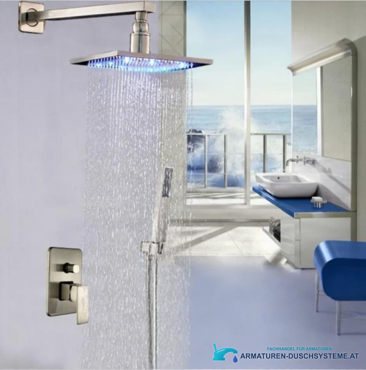LED-Unterputz-Duschsystem PT19136 im Einsatz: modernes Bad mit quadratischer Regendusche