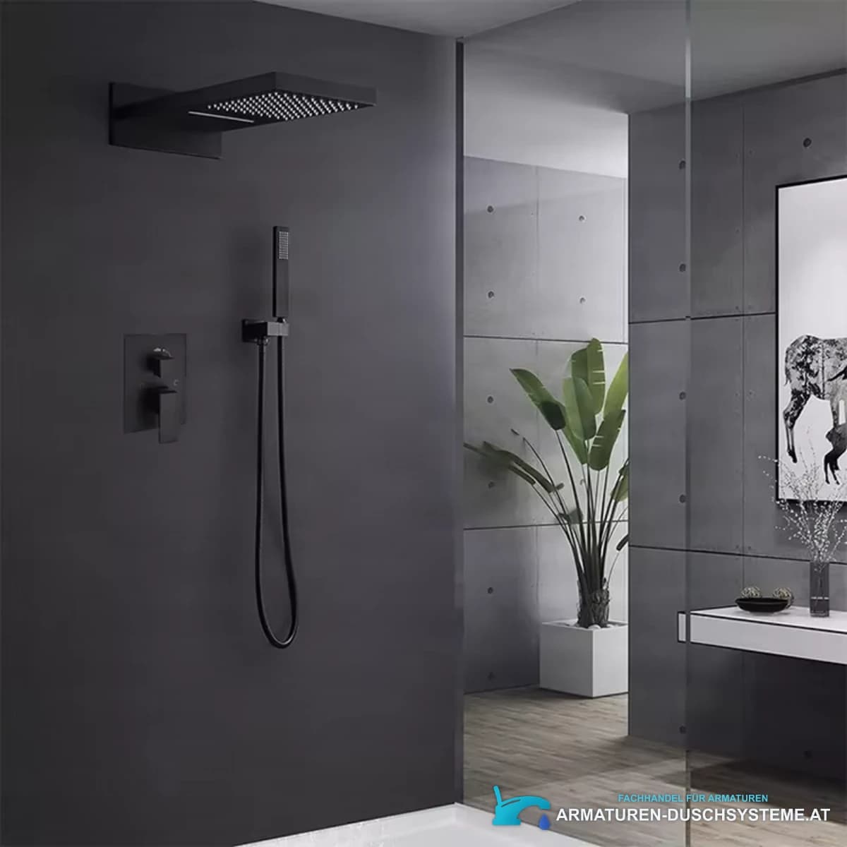 Luxuriöses schwarzes Messing-Duschsystem ELITE EDITION BSC1682 mit Wasserfall- und Regenfunktion im modernen Bad