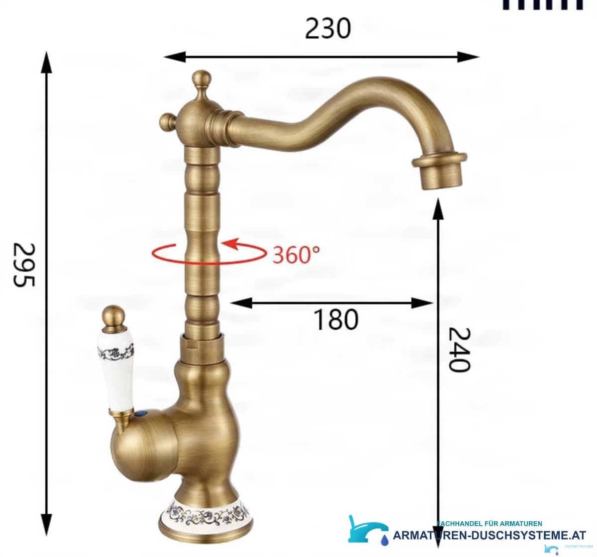 Technische Zeichnung der Standarmatur AQ1129 mit 295 mm Höhe und 230 mm Ausladung