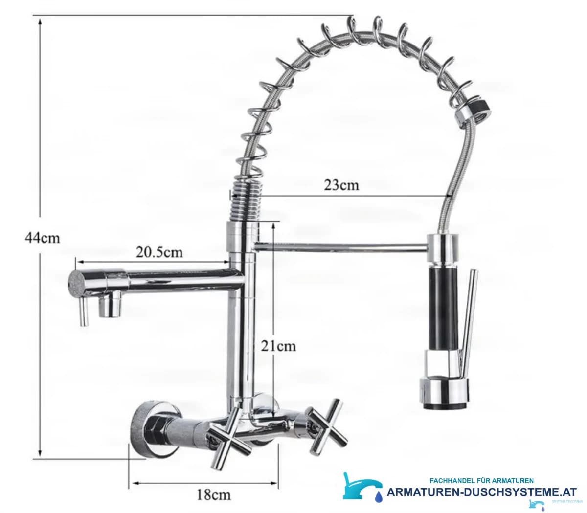 Technische Zeichnung der Wandarmatur mit Doppelauslauf WK1002, Höhe 44 cm