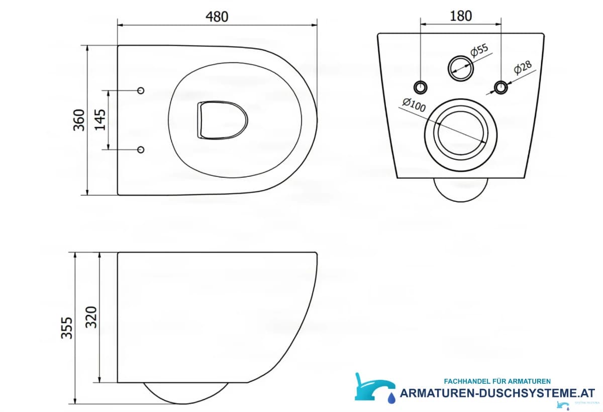 Technische Zeichnung der Toilette DELUXE TO1699 (480 × 360 × 355 mm, Befestigungsabstand 180 mm)