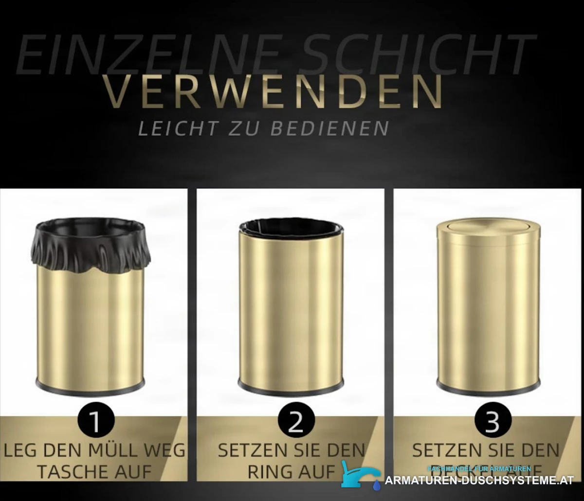 Anwendung des Abfalleimers GB1755: Beutel einlegen, Ring und Deckel aufsetzen