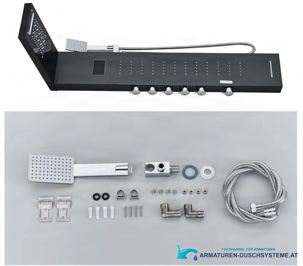 Aufputz-Duschsystem EYN BSP2040 mit LED-Display, Wasserfallauslauf und Massagedüsen in Nickel oder Schwarz