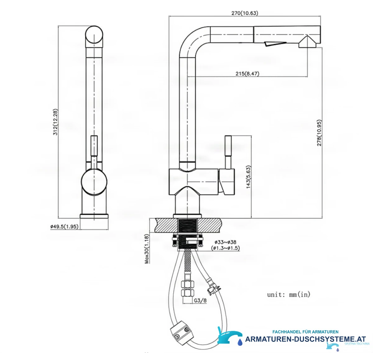 Technische Zeichnung der Küchenarmatur EYN NT1344 mit 270 mm Ausladung und G3/8