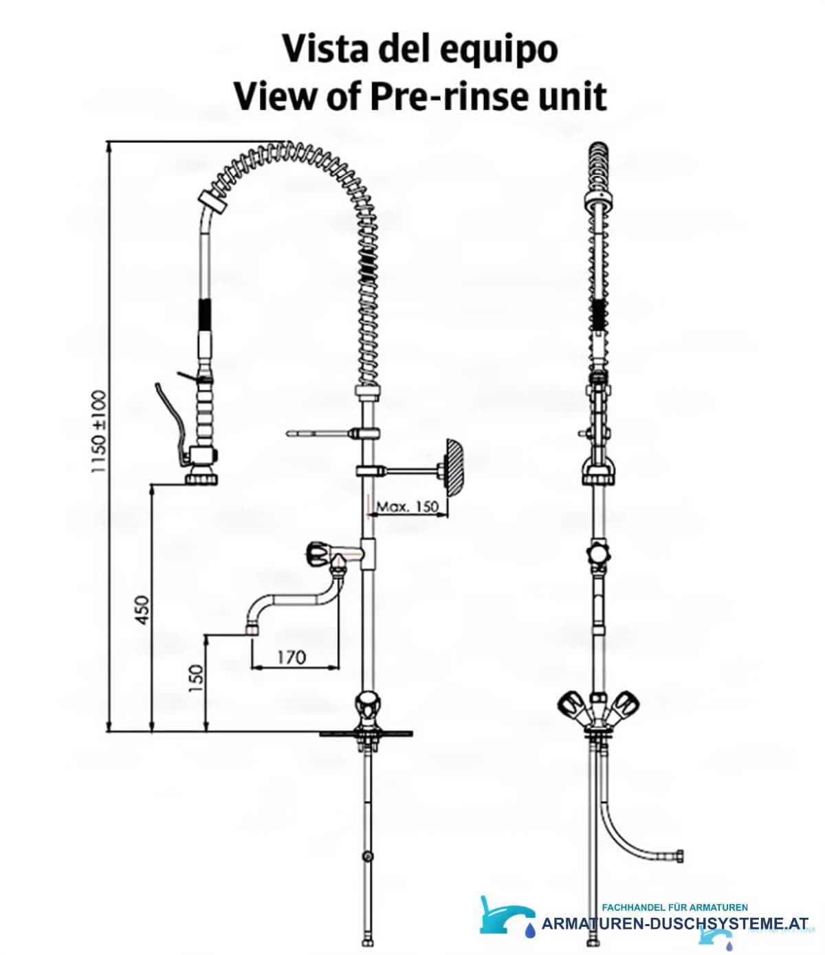 Technische Zeichnung der professionellen Gastroarmatur PRO1337 (1150 ± 100 mm, Ausladung 170 mm)