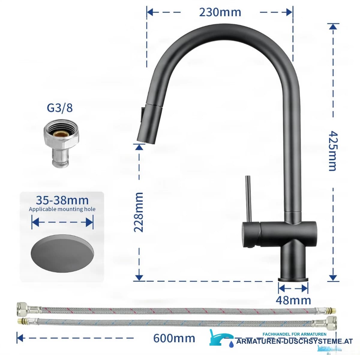Spezifikationen der Küchenarmatur KL1109: Mattschwarz, 425 mm Höhe, G3/8-Anschluss