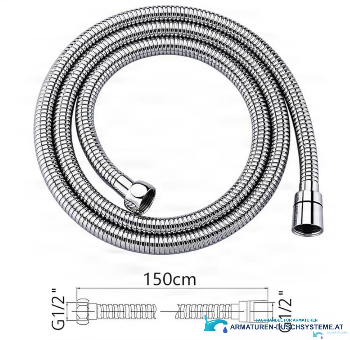 Technische Zeichnung des EYN Chrom-Duschschlauchs SH1238 mit 150 cm und G1/2