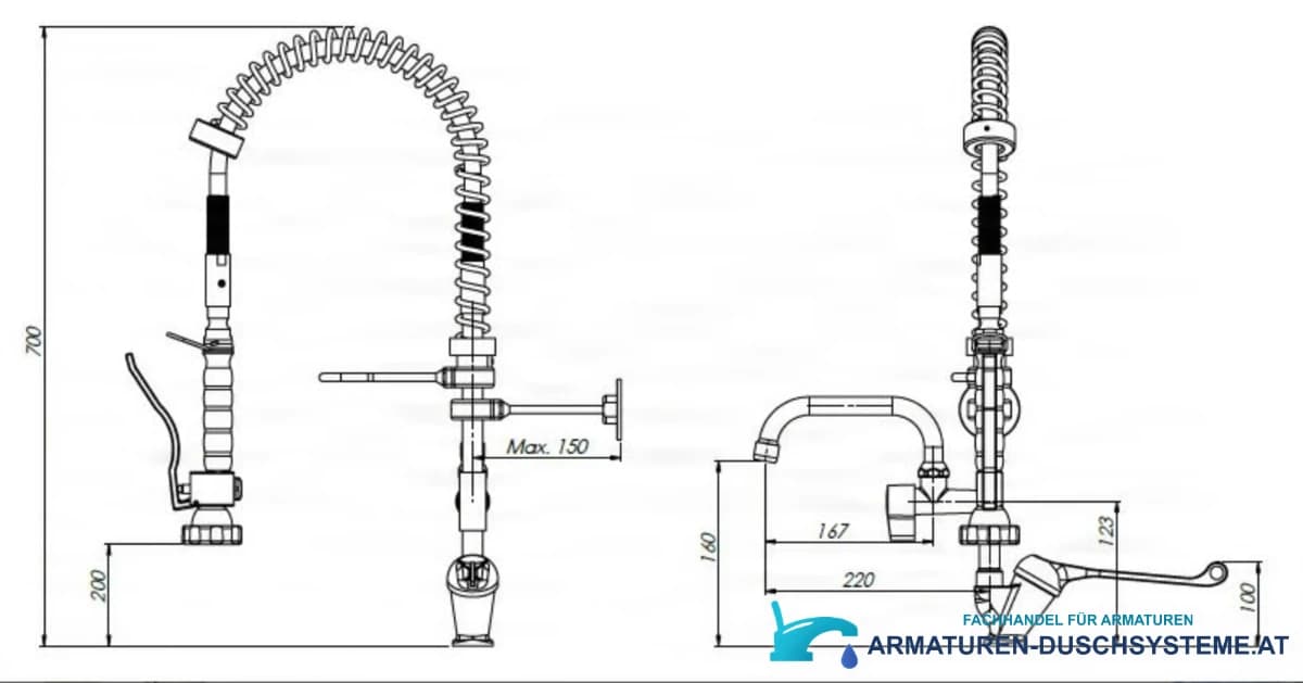Technische Zeichnung der professionellen Armatur EYN PRO1430 (Höhe 700 mm, Ausladung 220 mm)