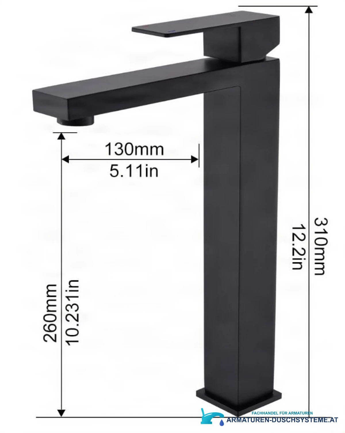 Maße der schwarzen Badarmatur BC1320: 310 mm Höhe, 260 mm Auslaufhöhe und 130 mm Ausladung