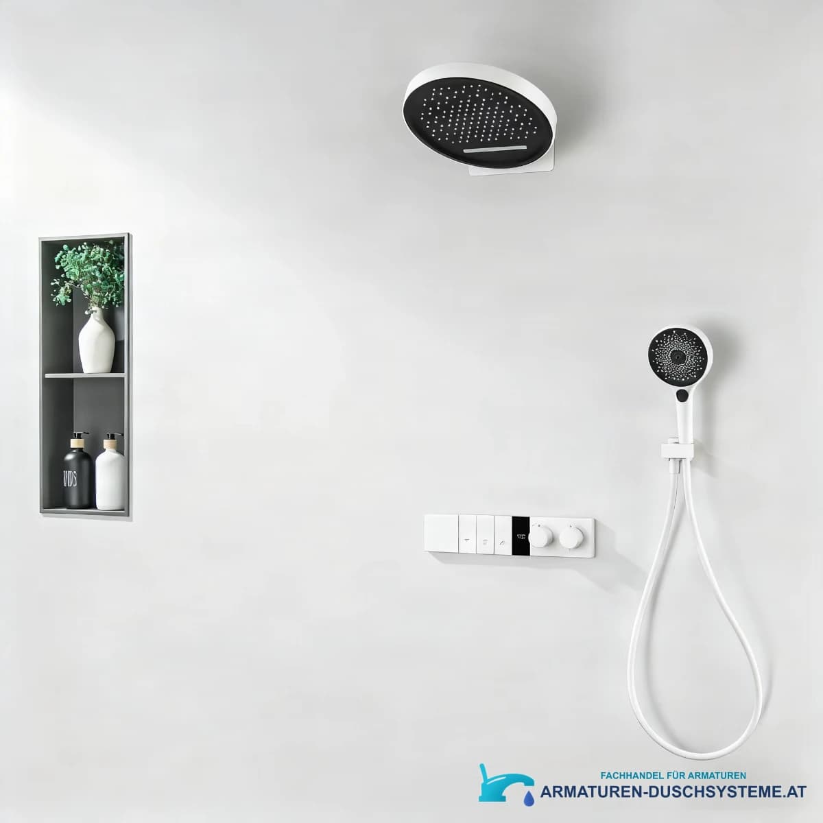 Unterputz-Duschsystem ELITE EDITION BSC1305 in weißer Dusche mit Kopfbrause