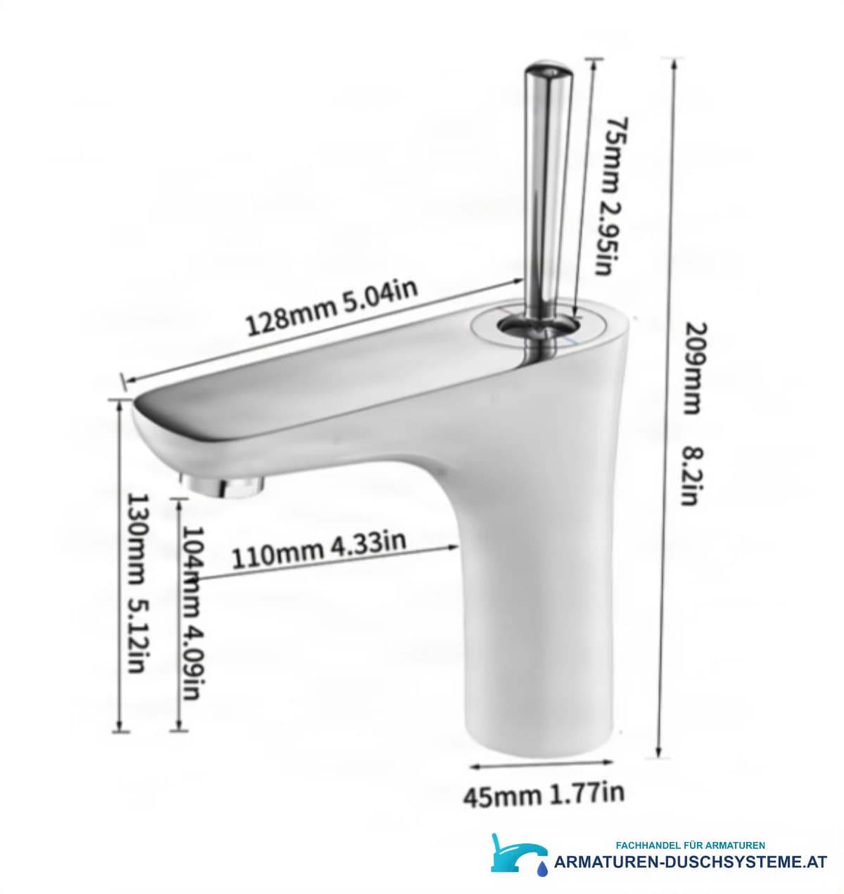 Technische Zeichnung der Badarmatur BKK1306 mit 209 mm Höhe und 128 mm Ausladung