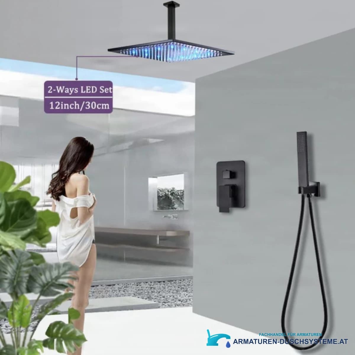 LED-Unterputzduschsystem PT50089 in Mattschwarz mit blau beleuchteter Kopfbrause