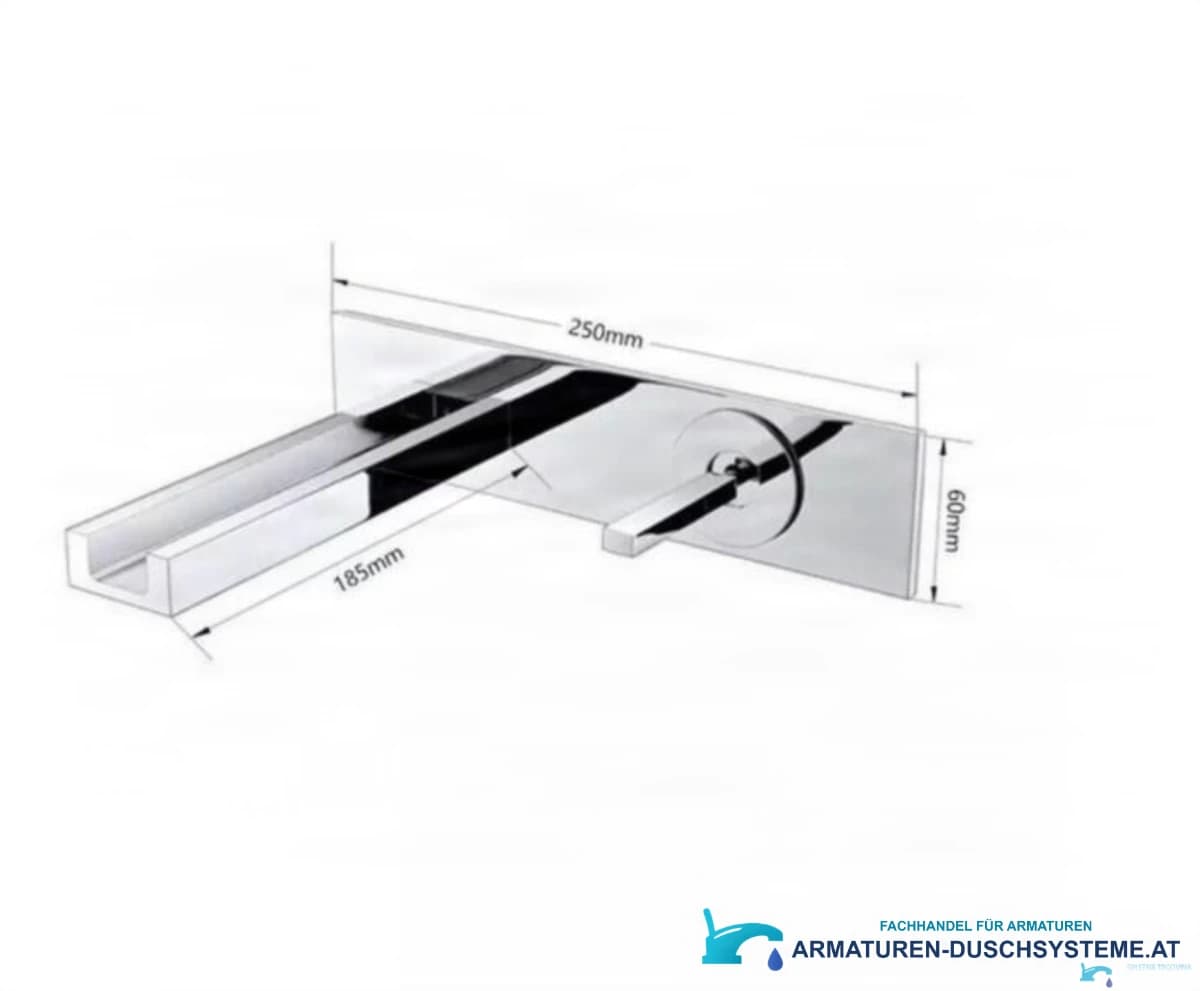 Technische Zeichnung der LED-Wand-Wasserfallarmatur WLED1454 (250 × 60 mm, Ausladung 185 mm)