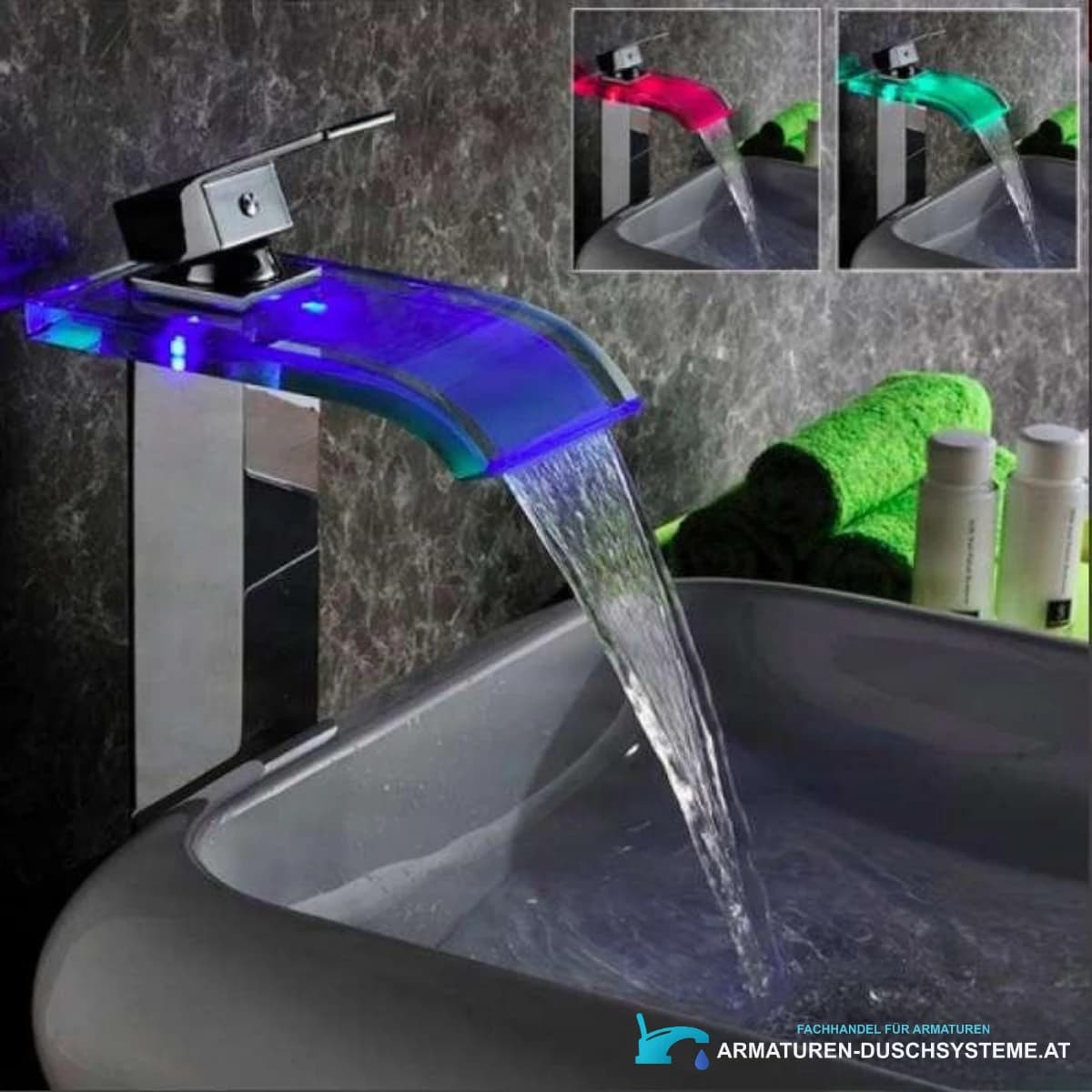 Badarmatur EYN x013 woo-986 in poliertem Chrom mit blau beleuchtetem Wasserfallauslauf