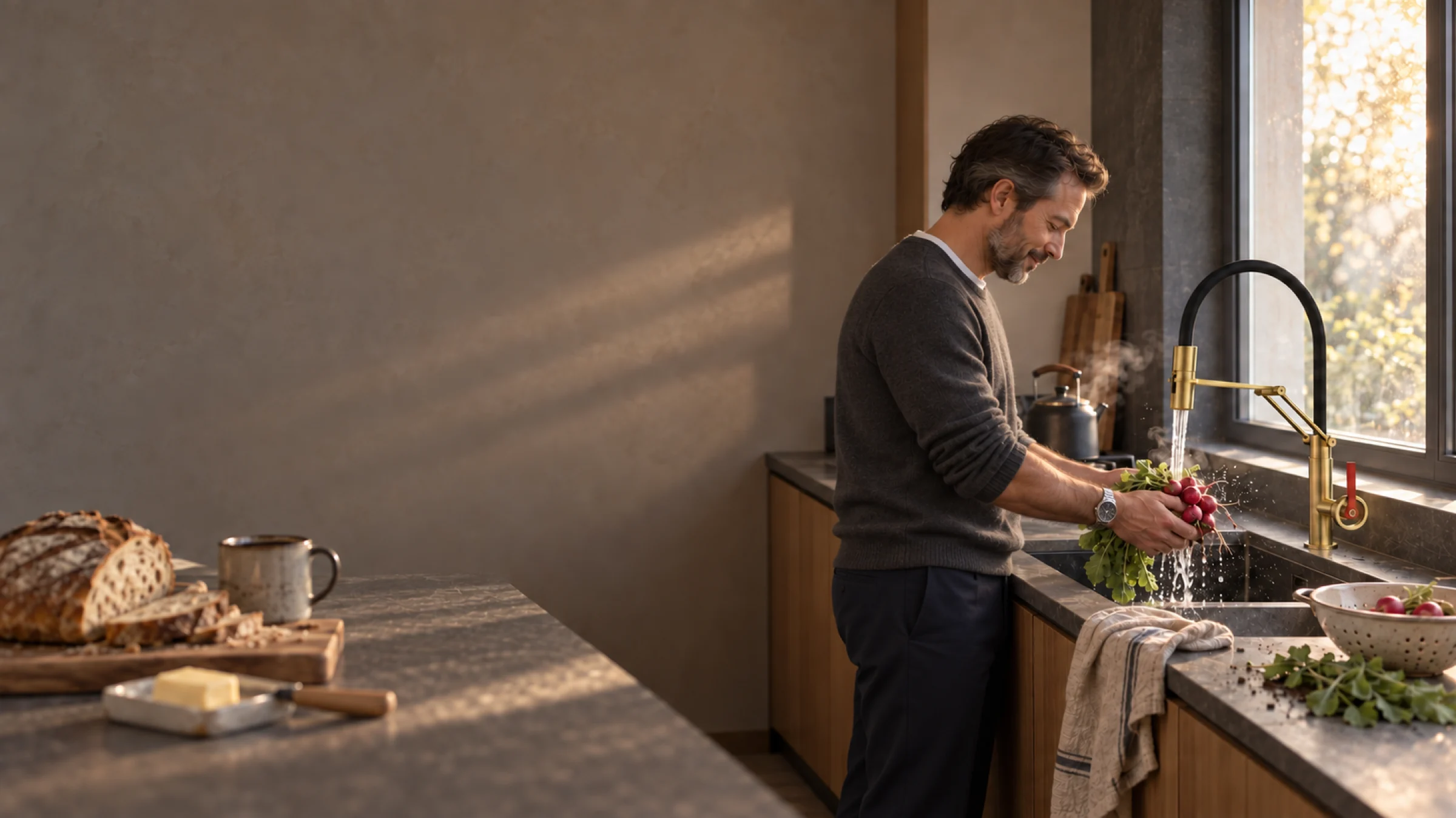 Ein Mann spült am Spülbecken unter dem Fenster Radieschen mit der Küchenarmatur KF1691 in gebürstetem Gold und schwarzem Schlauch ab; auf der Arbeitsplatte stehen Brot, Butter, eine Tasse und ein Wasserkessel.